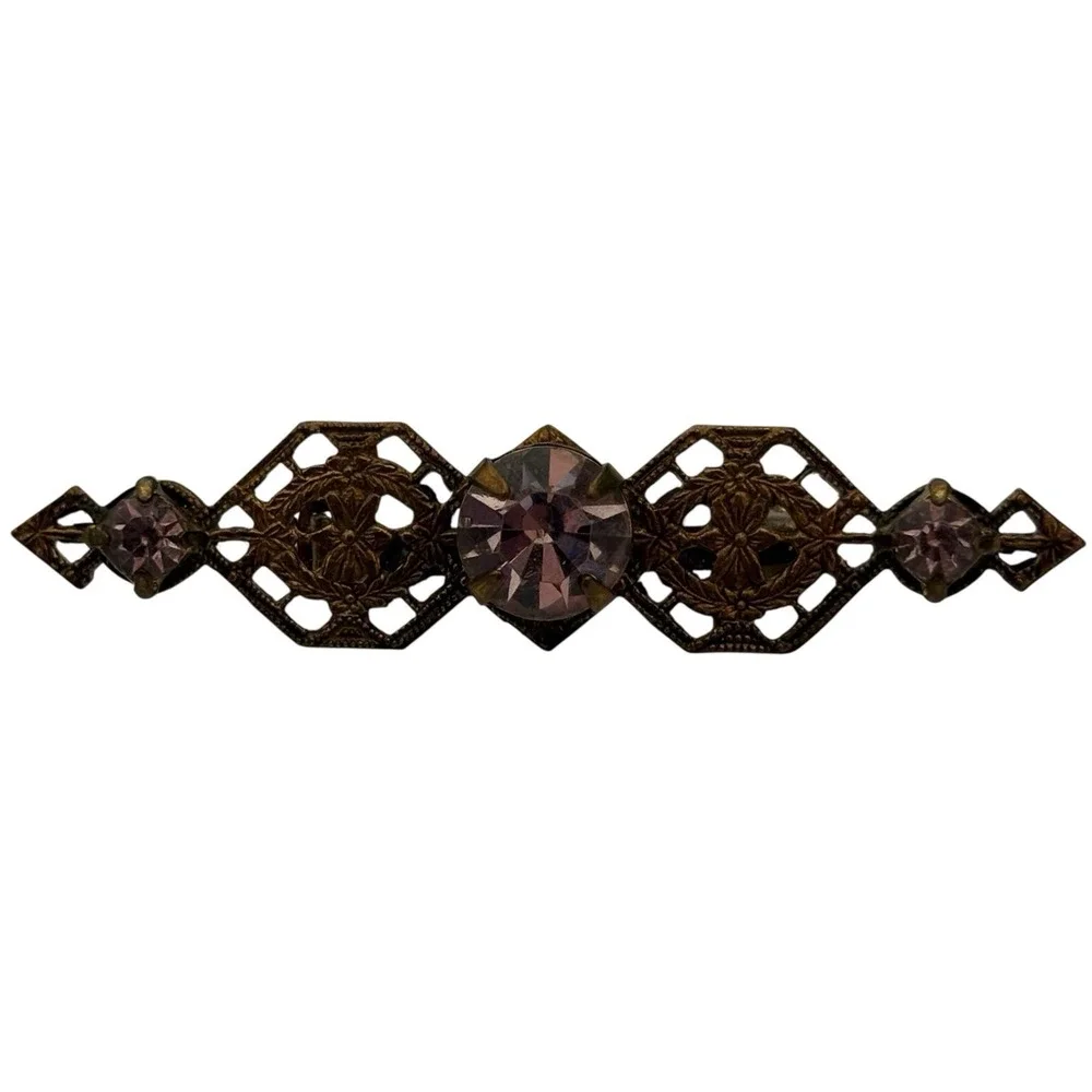 Vintage Brooch Pin Gold Tone Filigree Purple Rhinestones Victorian‎ Dainty 2